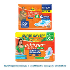 Two package variants of Whisper Choice sanitary pads XL 40 count heavy flow ultra protection packs