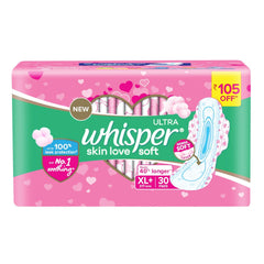Pink pack of Whisper Ultra Soft Sanitary Pads XL Plus 30 count long sanitary pads with soft cotton cover