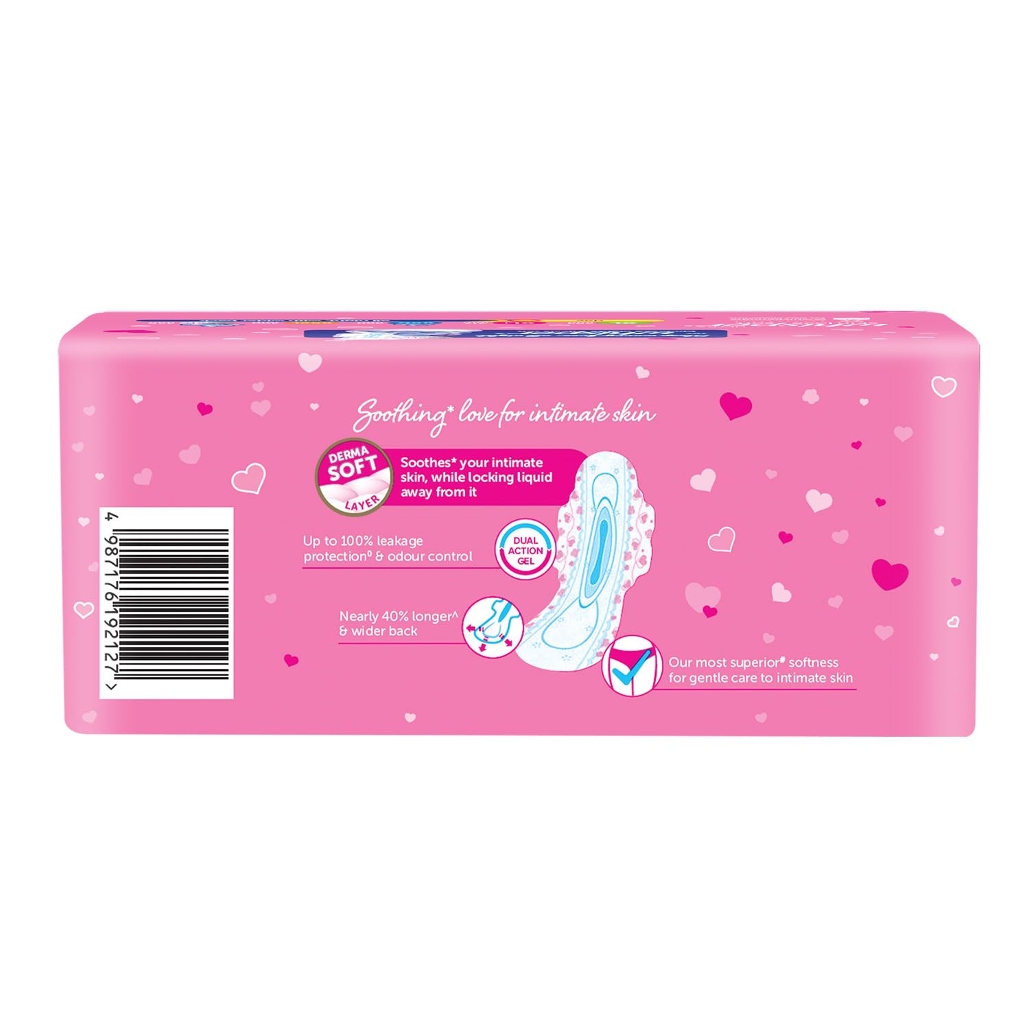 Whisper Ultra Soft Sanitary Pads XL Plus pink packaging with heart design and pad diagram