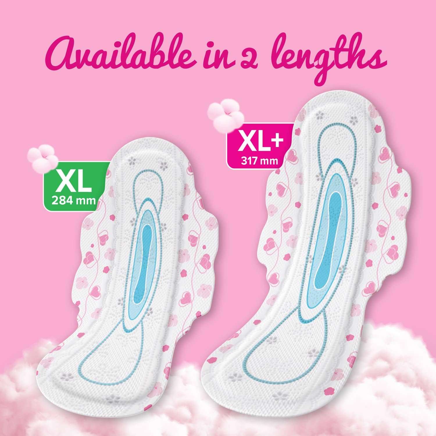 Whisper Ultra Soft Sanitary Pads XL Plus two size comparison showing XL 284 mm and XL 317 mm on pink background