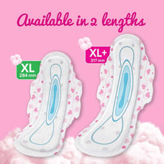 Whisper Ultra Soft Sanitary Pads XL Plus two size comparison showing XL 284 mm and XL 317 mm on pink background