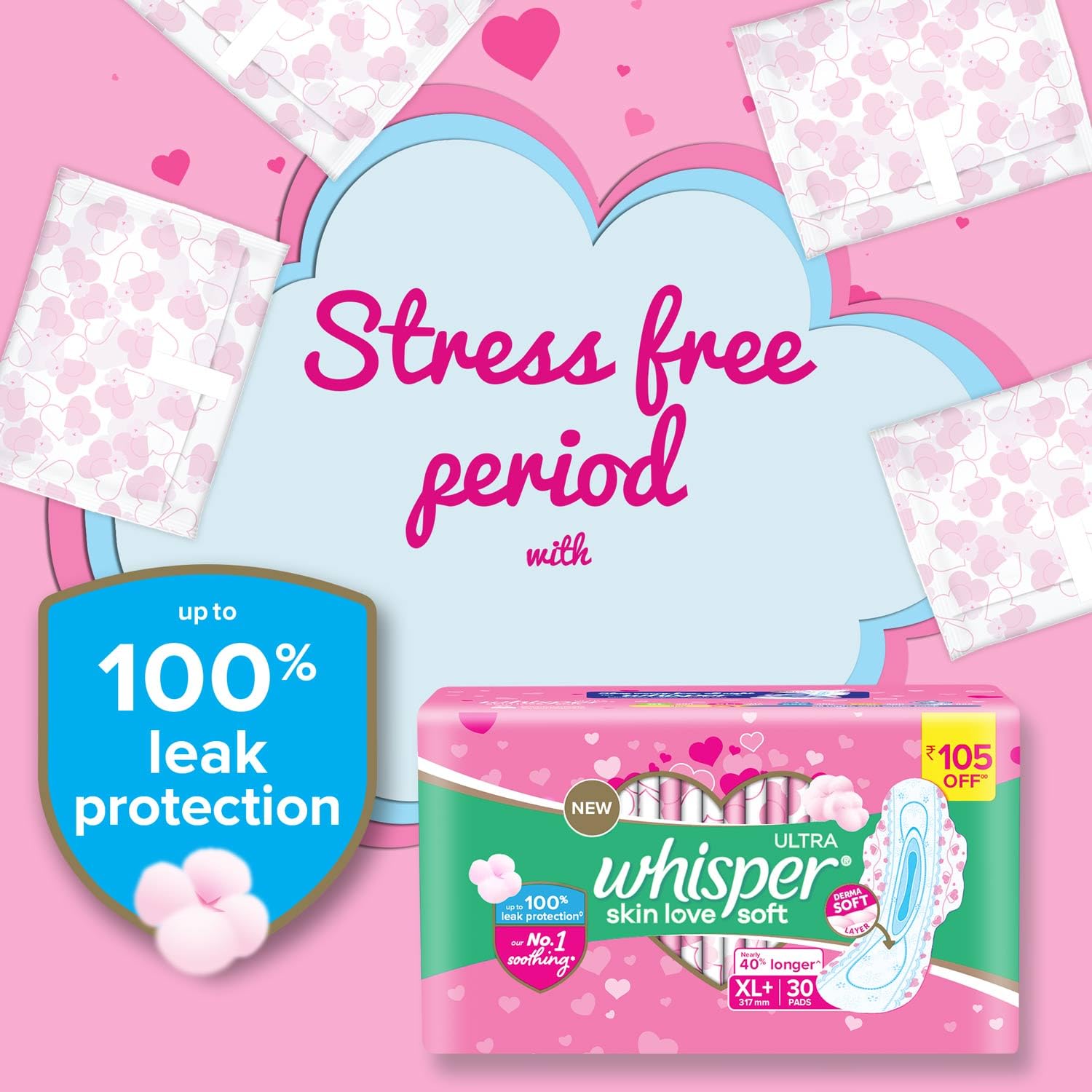 Whisper Ultra Soft Sanitary Pads XL Plus pink heart pack with pad illustration and up to 100 percent leak protection