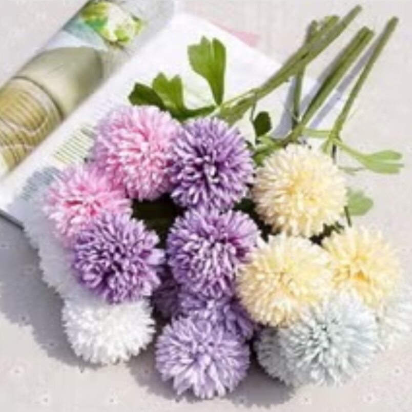 Huitich white artificial flower decor pom pom style in pastel pink, purple, white, and yellow shades