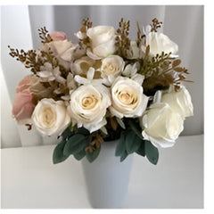Huitich white artificial flowers for living room in white vase with green leaves and soft pink accents