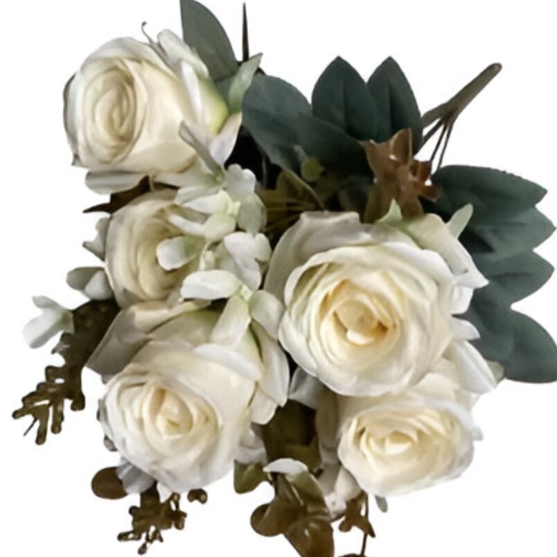 Huitich white artificial flowers for living room with cream roses and green leaves bouquet