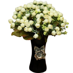 Huitich white artificial peony bouquet arranged in a black vase with decorative butterfly detail