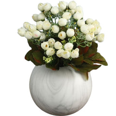 Huitich white artificial peony bouquet with green leaves in a round white marble vase