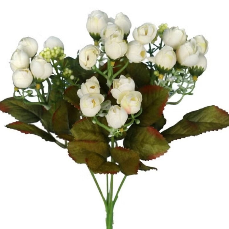 Huitich white artificial peony bouquet with detailed green leaves and clustered white petals