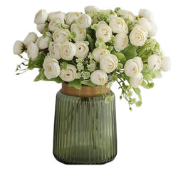 Huitich white artificial peony bouquet in green ribbed glass vase for home decor