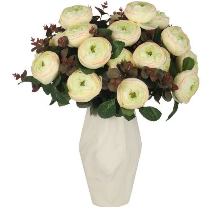 Huitich white artificial rose bouquet with green leaves and brown accents in a white vase