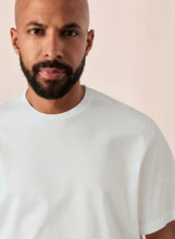 Cotton short sleeve T-shirt neckline, white crew neck detail.
