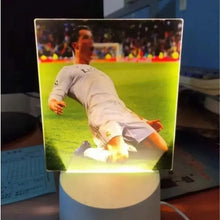 White football player desk lamp with illuminated square image panel and round base