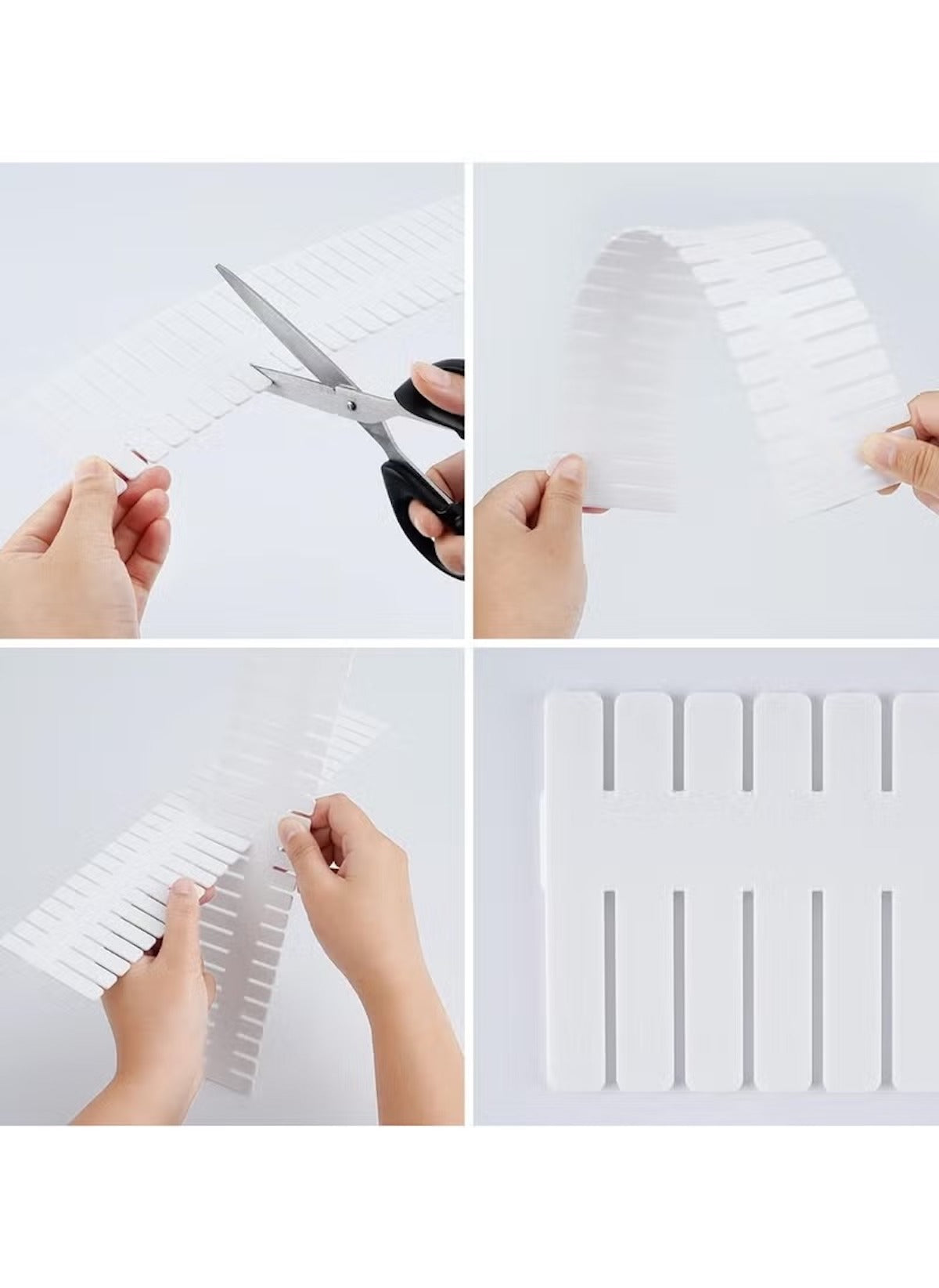 Huitich white grid drawer separator 47x7 cm being cut and bent for customizable storage organization