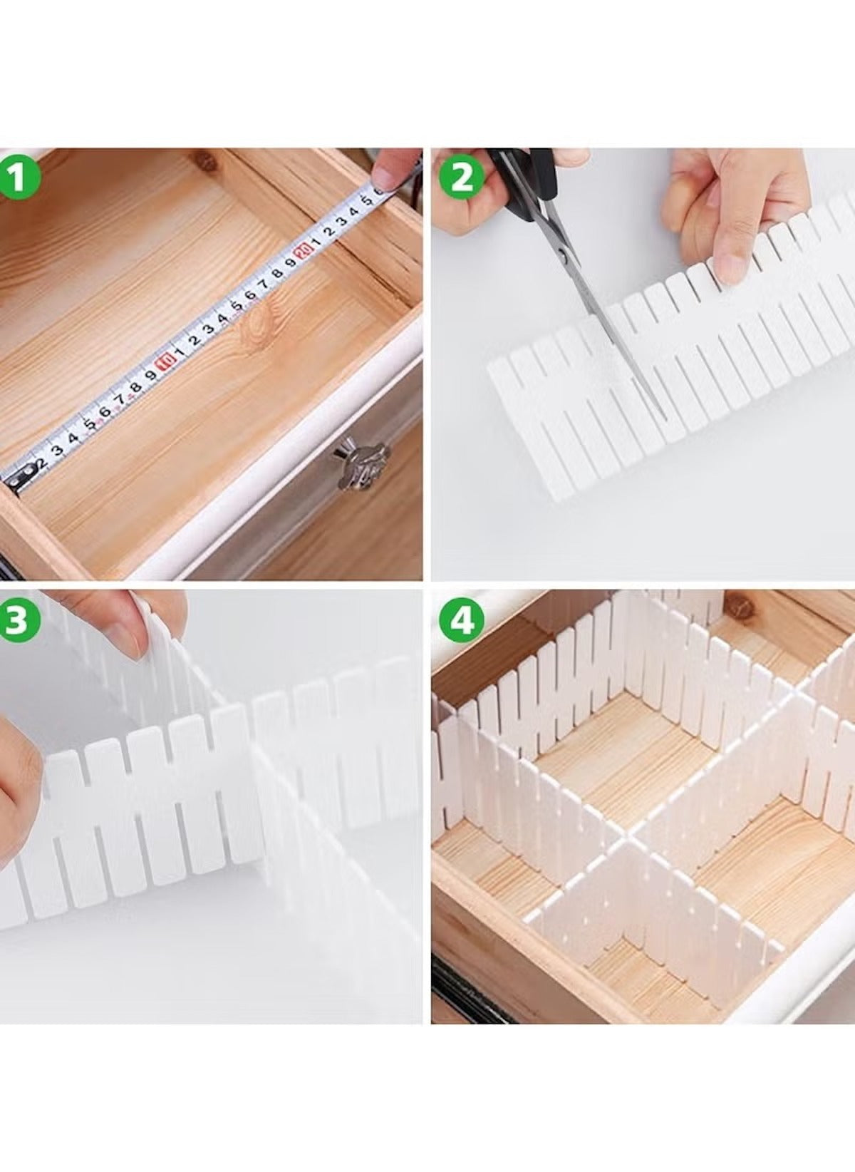 Huitich white grid drawer separator 47x7 cm being measured cut assembled and placed in wooden drawer for organization