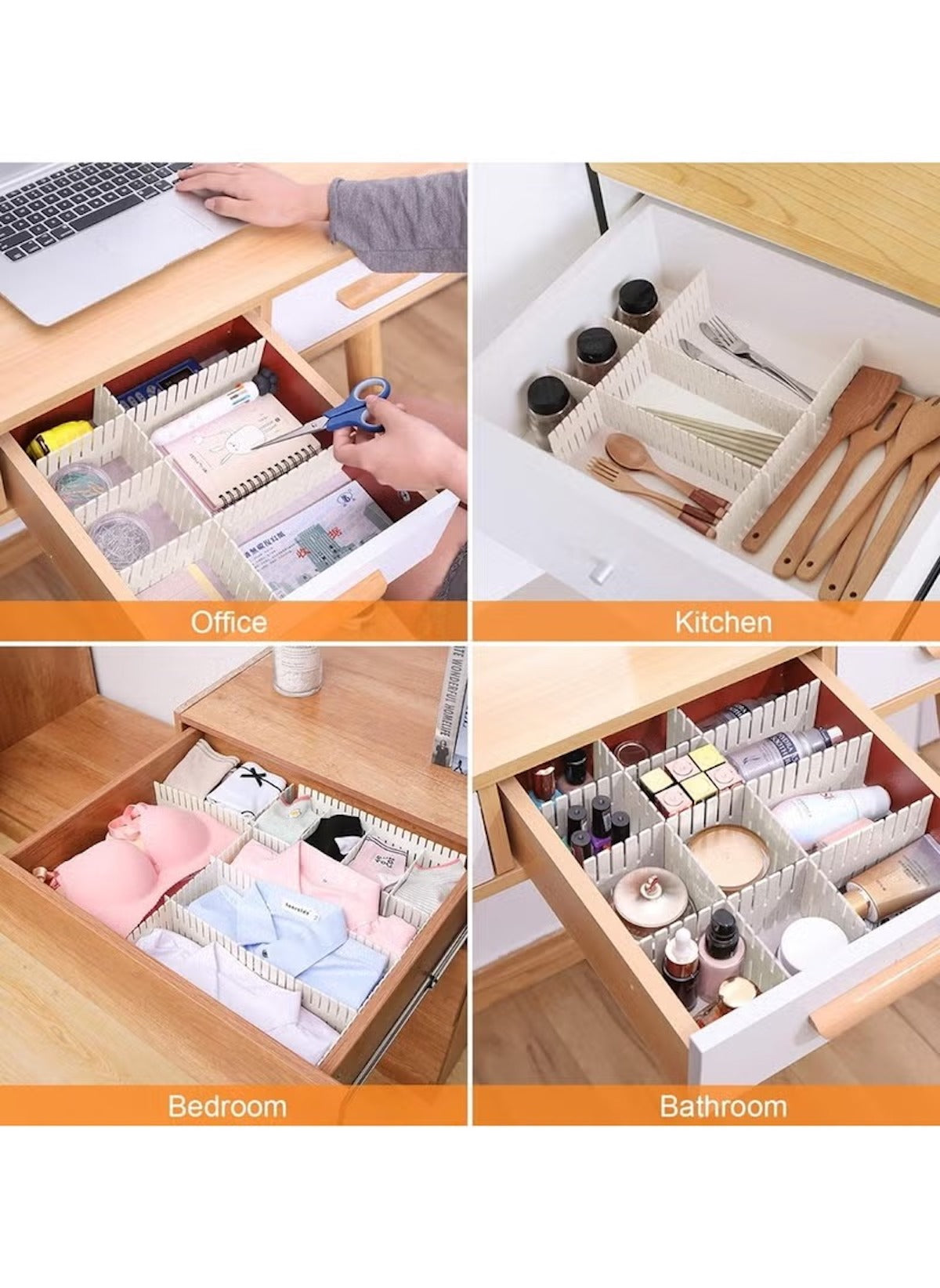 White grid drawer separator 47x7 cm organizing office, kitchen, bedroom, and bathroom drawers