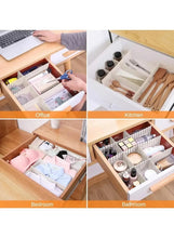 White drawer separator organizer dividers for organizing desk, kitchen, and bathroom items.