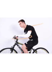 Huitich ice silk UV protection sleeves worn on arms by cyclist in black outfit for sun protection