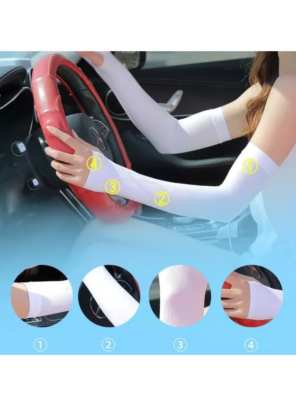 Huitich white ice silk UV protection sleeves worn on arms while driving for sun protection