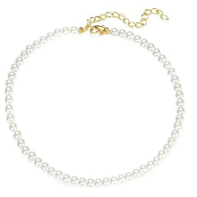 White pearl necklace with gold chain extender and clasp, single strand