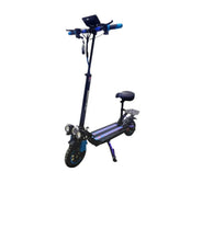 Folding electric scooter, black frame with blue accents and front headlight