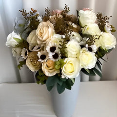 Huitich pink artificial flower arrangement with cream and white blossoms in a white vase