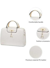 White PU leather handbag with curved top handle, front clasp flap, and textured finish