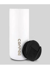Reusable coffee travel mug, white with black lid cap and open side