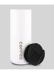 Huitich white reusable coffee travel mug with black lid and modern coffee text design
