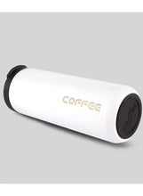 Reusable coffee travel mug, white with black rim and “coffee” lettering