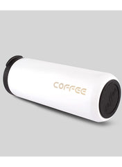 Huitich white reusable coffee travel mug with black lid and coffee text on side