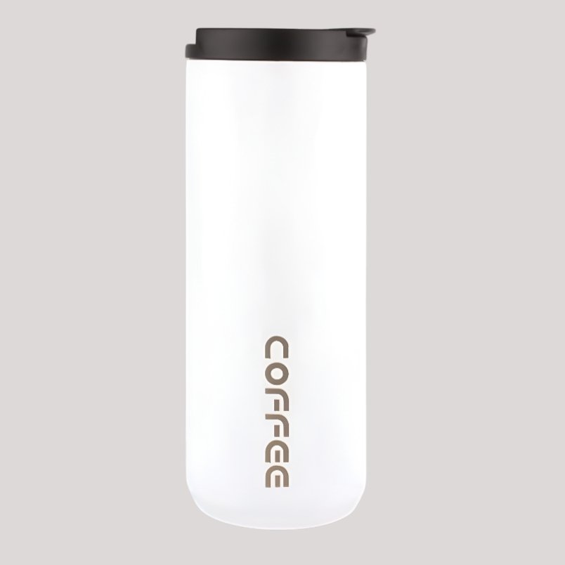 Huitich white reusable coffee travel mug with black lid and vertical coffee text