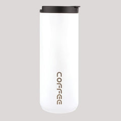 Huitich white reusable coffee travel mug with black lid and vertical coffee text