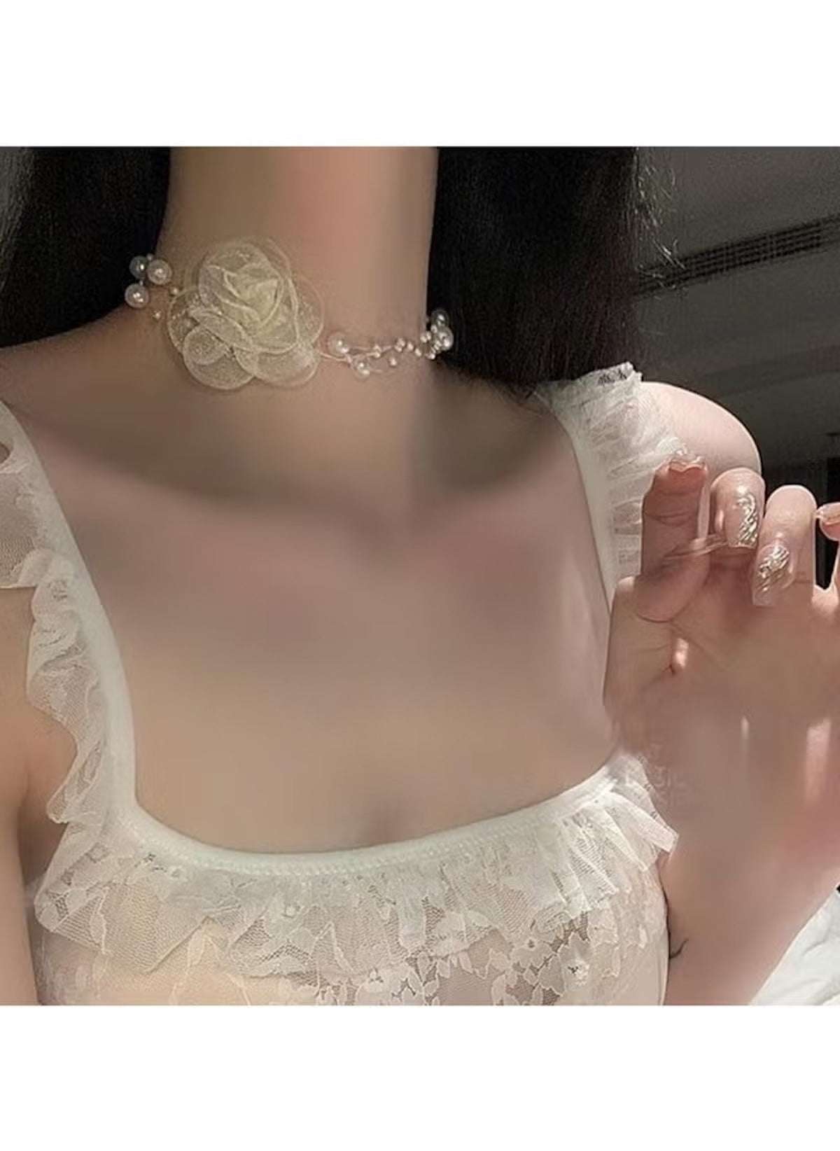 Huitich white rose choker necklace with delicate pearls worn with lace ruffle top