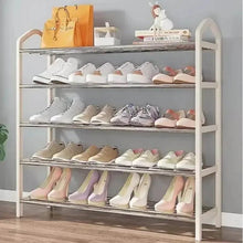 White 5-tier shoe rack organizer displaying mixed shoes on five metal-slat shelves