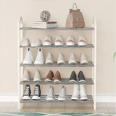 Huitich 5 tier shoe rack organizer in white holding various shoes and a handbag on top