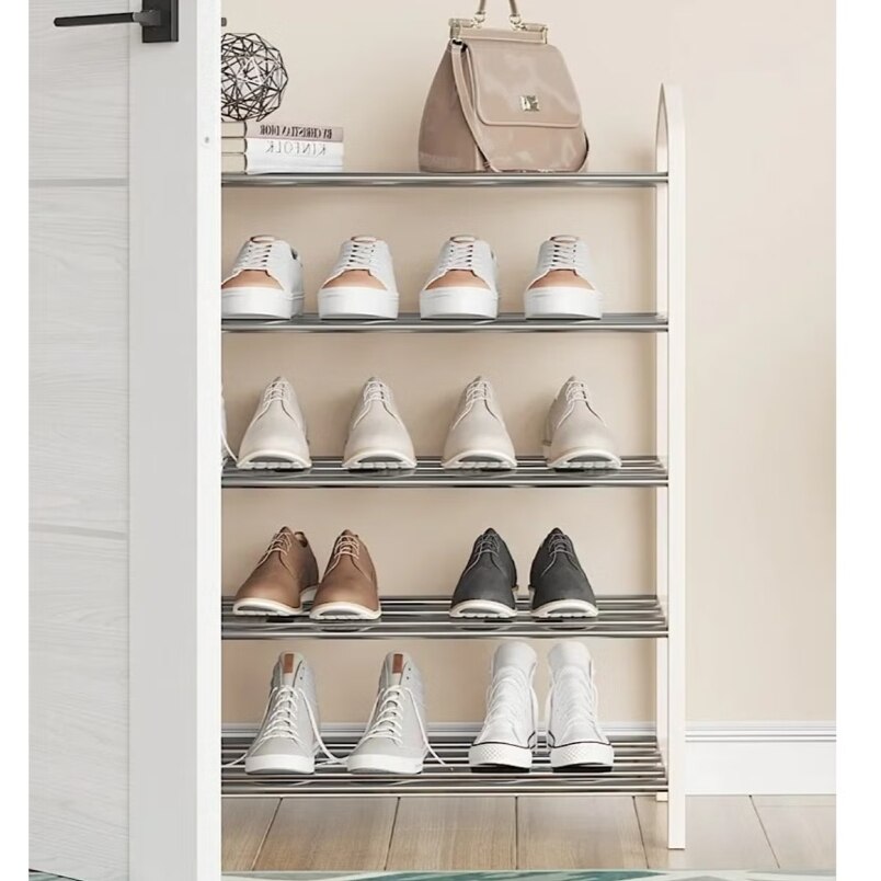 Huitich 5 tier shoe rack organizer holding various pairs of shoes in a white frame