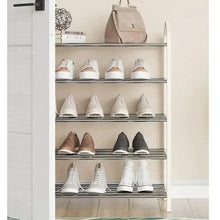 White 5-tier shoe rack organizer with several shoe pairs arranged across five shelves