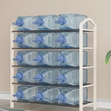 White 5-tier shoe rack organizer with clear storage bins and blue handles on shelves