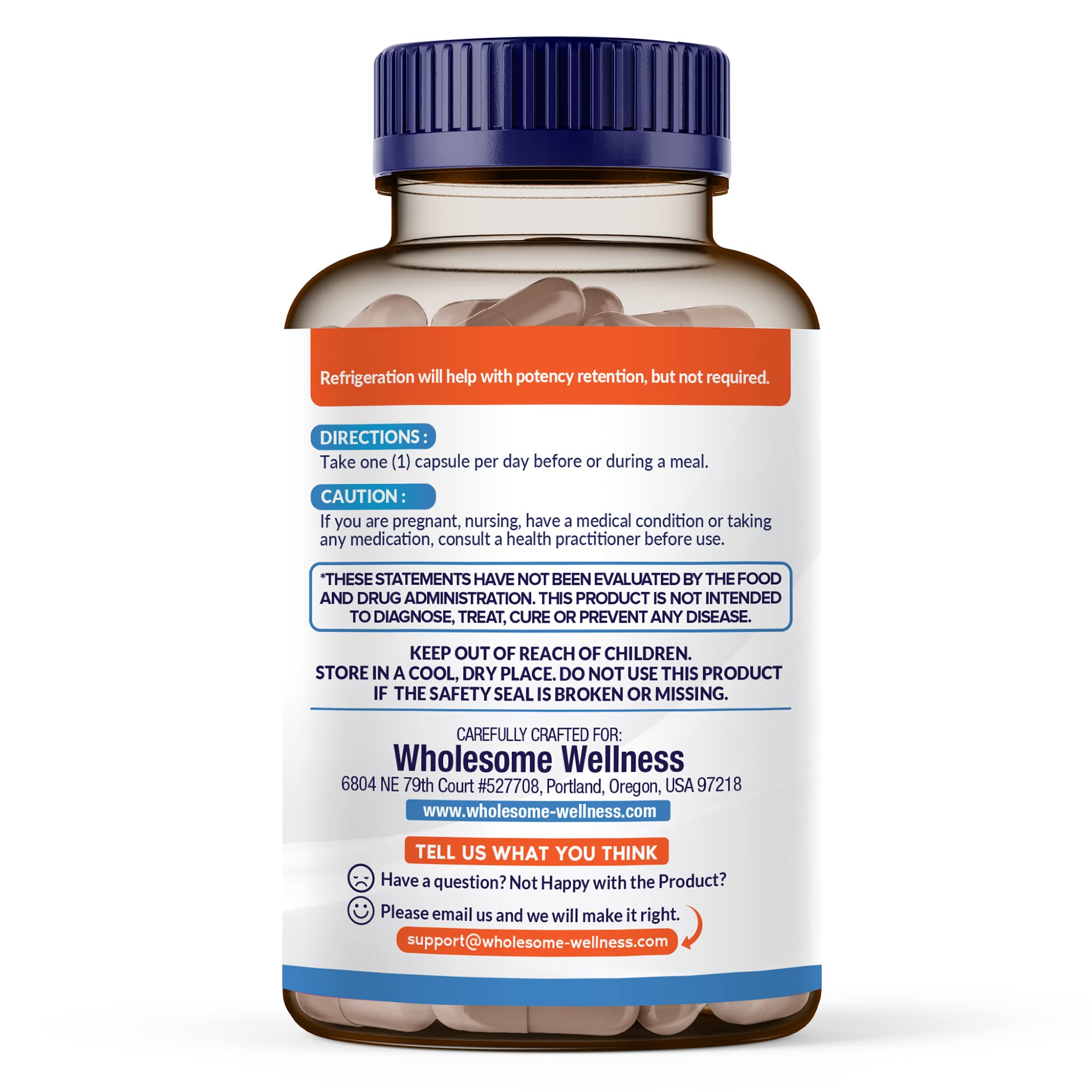 Wholesome Wellness supplement bottle back label showing capsules and directions for 100 billion CFU probiotics supplement