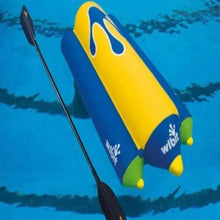 Inflatable water tube ride in blue and yellow with two fin-like handles, with paddle