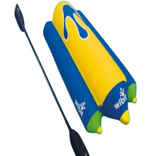 Inflatable water tube ride with blue-and-yellow tube and fin, includes black paddle