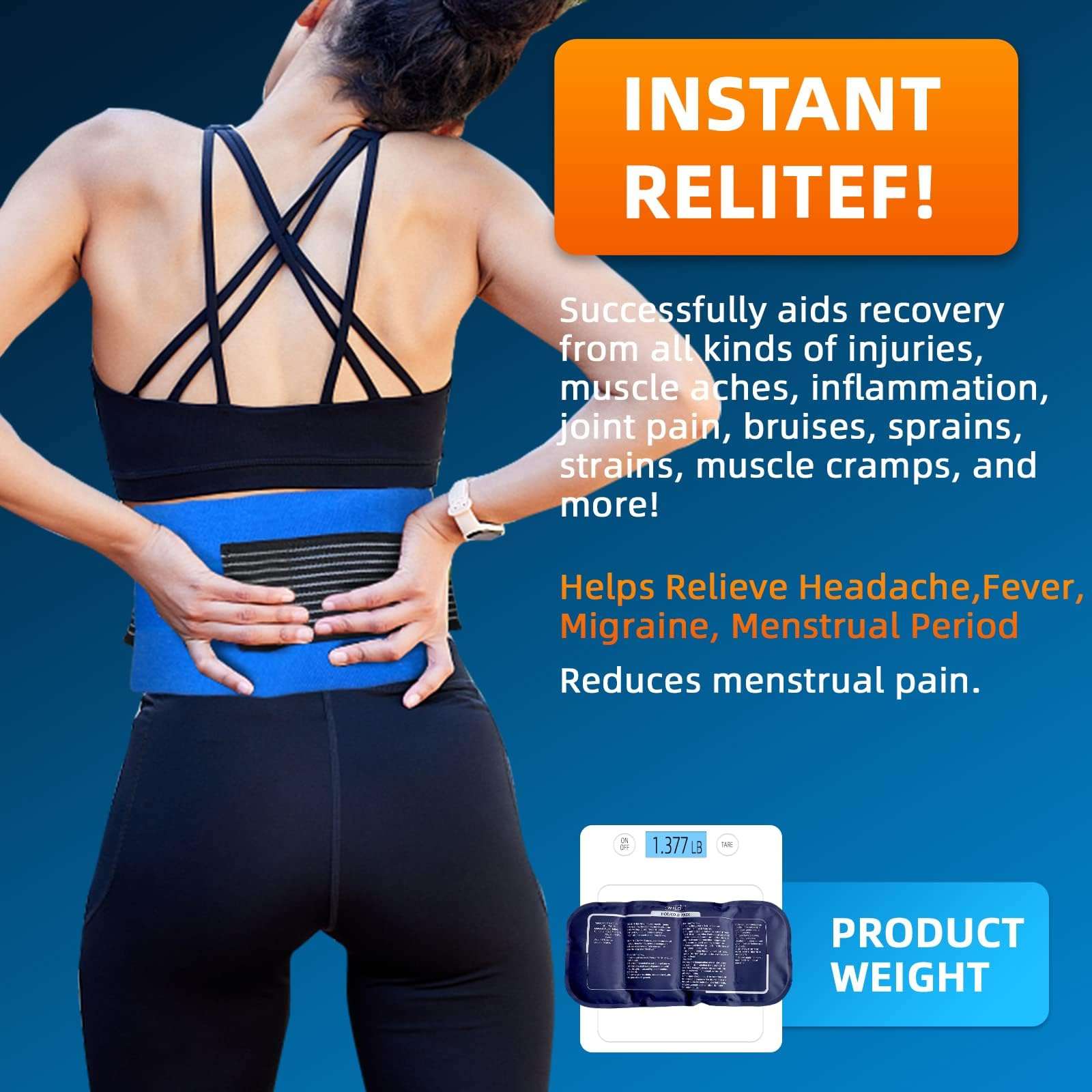 Woman wearing blue reusable ice pack for pain relief lower back wrap showing gel pack and weight icon