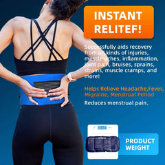 Woman wearing blue reusable ice pack for pain relief lower back wrap showing gel pack and weight icon