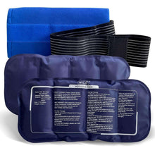 Reusable blue gel ice wrap set with black Velcro straps, 2-pack
