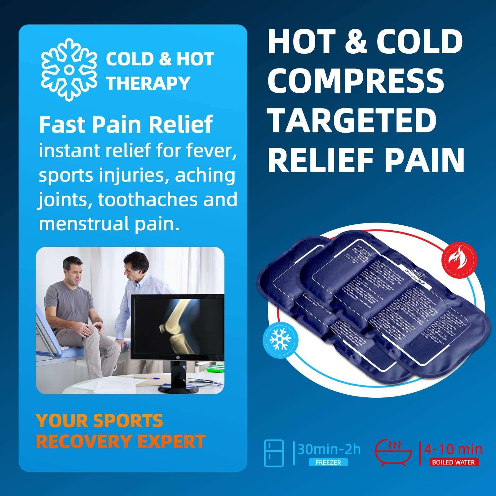Blue hot and cold compress reusable ice pack for pain relief showing three layered gel packs and instructions
