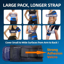 Large reusable ice pack wrap with long black strap and blue Velcro fastening