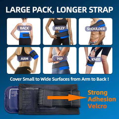 reusable ice pack for pain relief large wrap with long strap strong adhesion Velcro shown on back belly shoulder arm hip knee