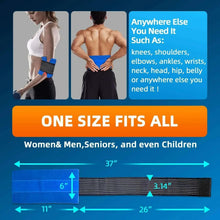 Large adjustable ice pack strap with black wrap pad and blue sizing indicators