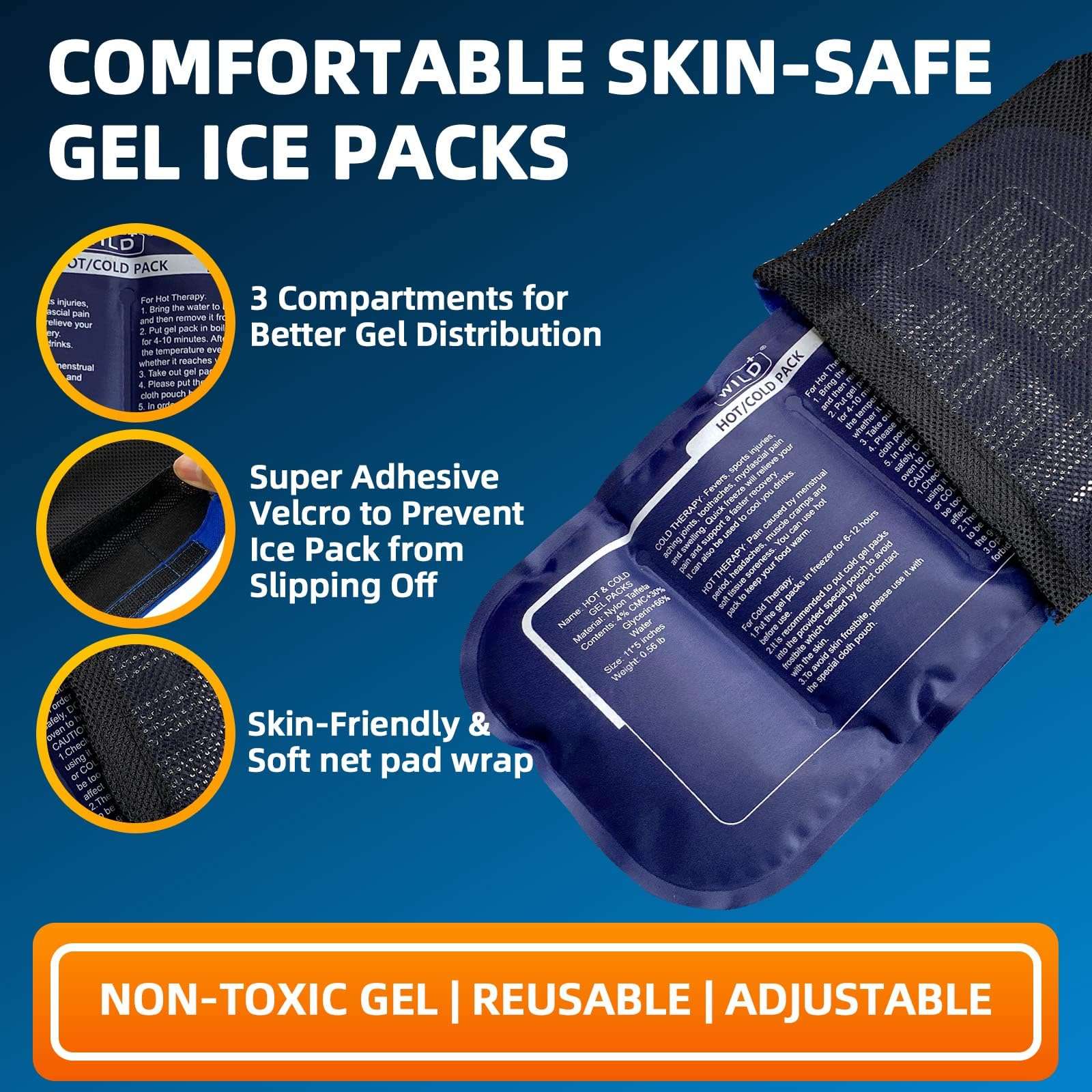 reusable ice pack for pain relief skin safe gel pack with adjustable strap three compartments and velcro wrap