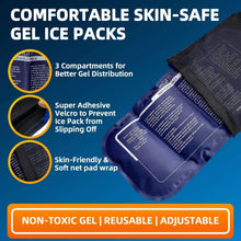 Gel ice pack with soft mesh pad wrap and strong Velcro closure, blue trim